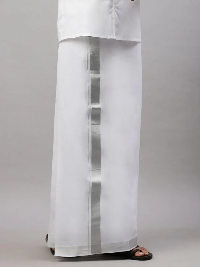 Men 100% Cotton Double Layer White Dhoti with 1 1/2"Jari Border Silver Earth