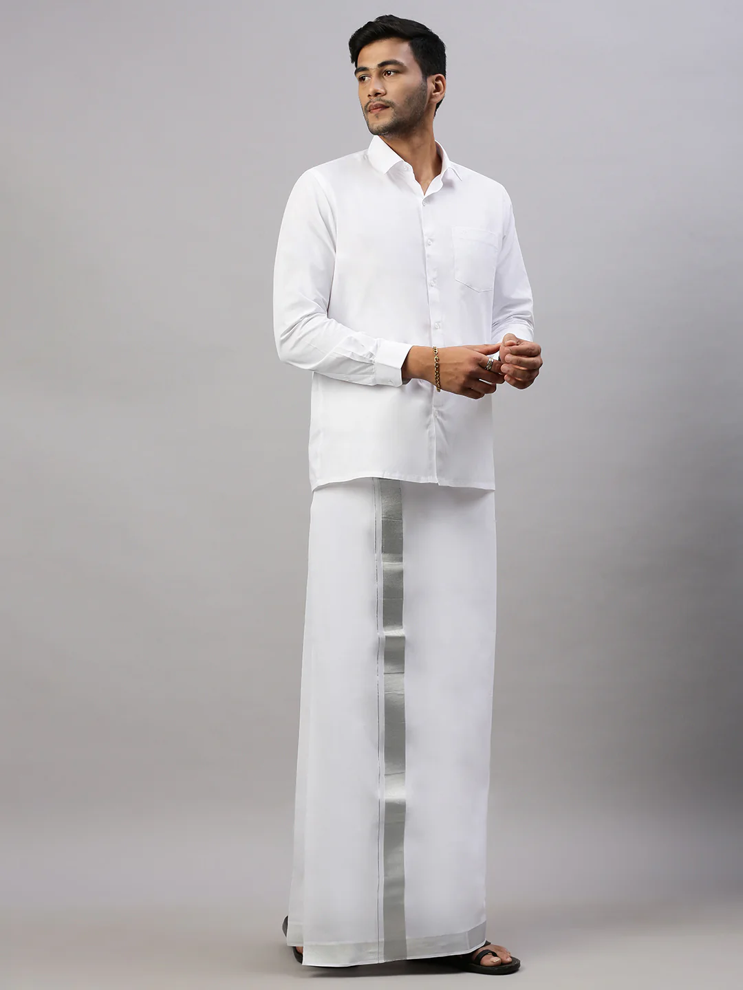 Men 100% Cotton Double Layer White Dhoti with 1 1/2"Jari Border Silver Earth - Image 3