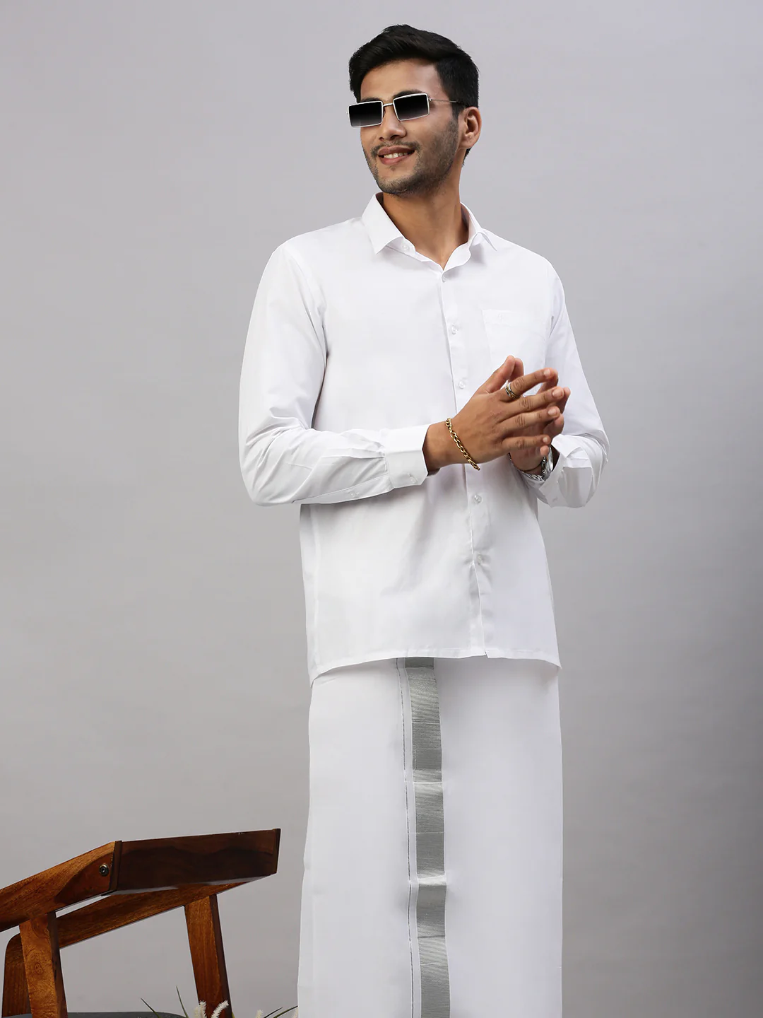 Men 100% Cotton Double Layer White Dhoti  with 1 1/2"Silver Jari Border Special Pet - Image 3