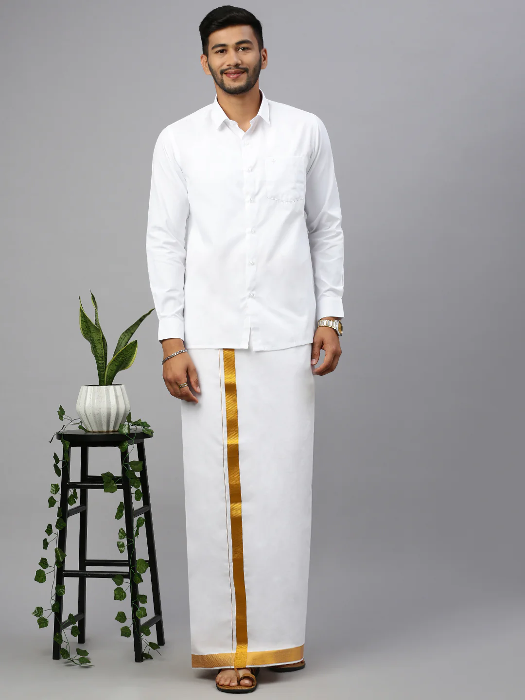 Men 100% Cotton Double Layer White Dhoti with 1 1/4" Gold Jari Border Vetha - Image 2