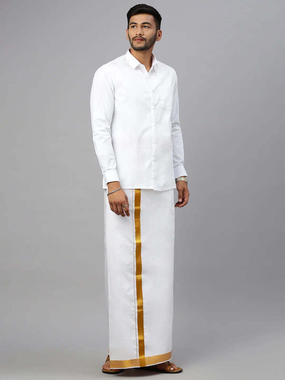 Men 100% Cotton Double Layer White Dhoti with 1 1/4" Gold Jari Border Vetha - Image 5