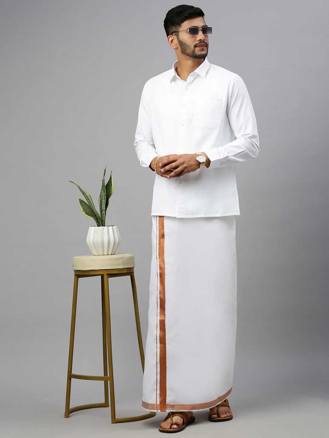 Men 100% Cotton Double Layer White Dhoti with 1'' Copper Jari Border Ribhu - Image 2