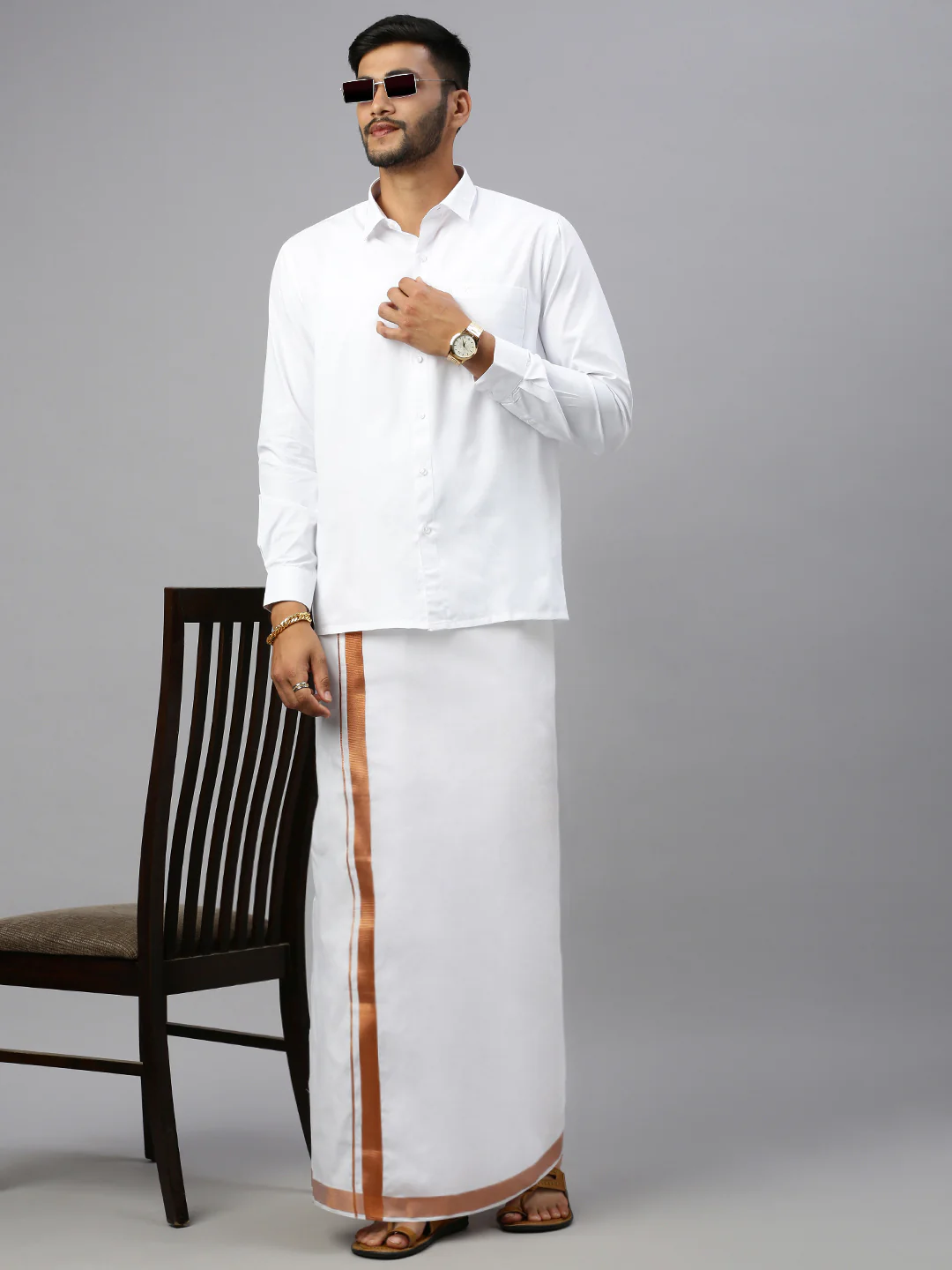 Men 100% Cotton Double Layer White Dhoti with 1'' Copper Jari Border Ribhu - Image 3