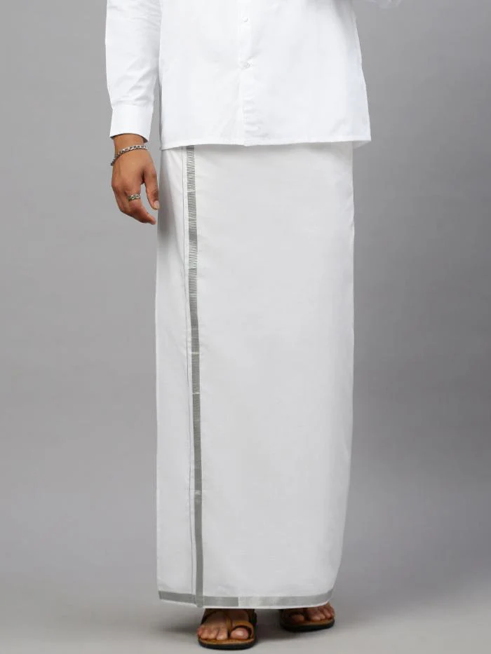 Men 100% Cotton Double Layer White Dhoti with 1"Jari Border Silver Earth