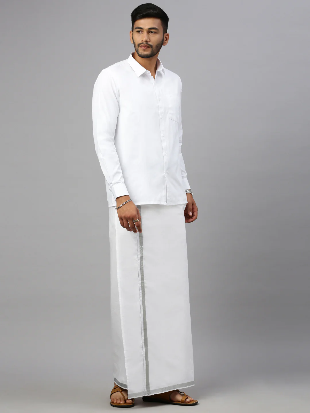Men 100% Cotton Double Layer White Dhoti with 1"Jari Border Silver Earth - Image 3