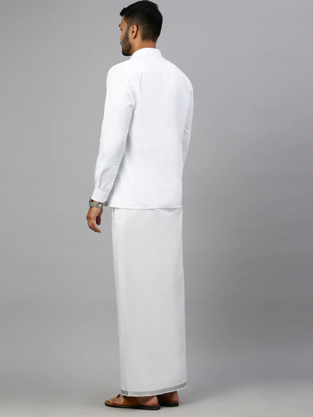 Men 100% Cotton Double Layer White Dhoti with 1"Jari Border Silver Earth - Image 4