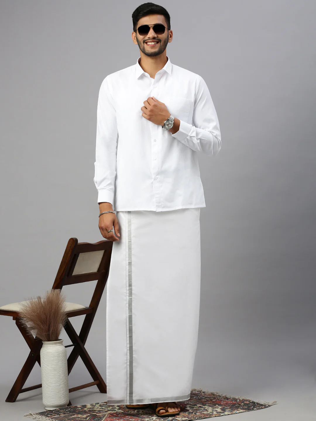 Men 100% Cotton Double Layer White Dhoti with 1"Jari Border Silver Earth - Image 5