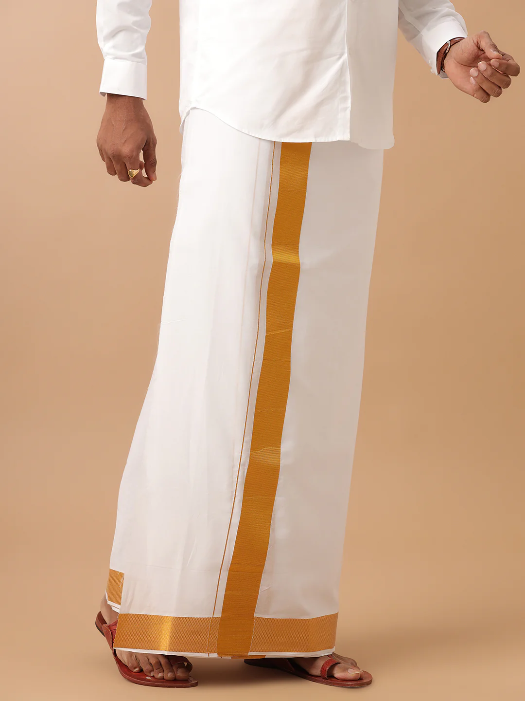 Men 100% Cotton Double Layer White Dhoti with 2 1/2" Gold Jari Border Kaviyam - Image 2