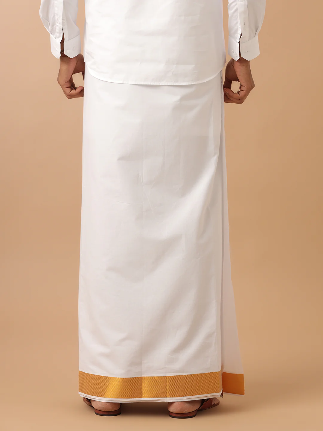 Men 100% Cotton Double Layer White Dhoti with 2 1/2" Gold Jari Border Kaviyam - Image 3