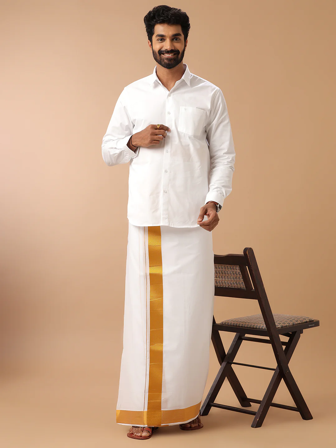 Men 100% Cotton Double Layer White Dhoti with 2 1/2" Gold Jari Border Kaviyam - Image 4