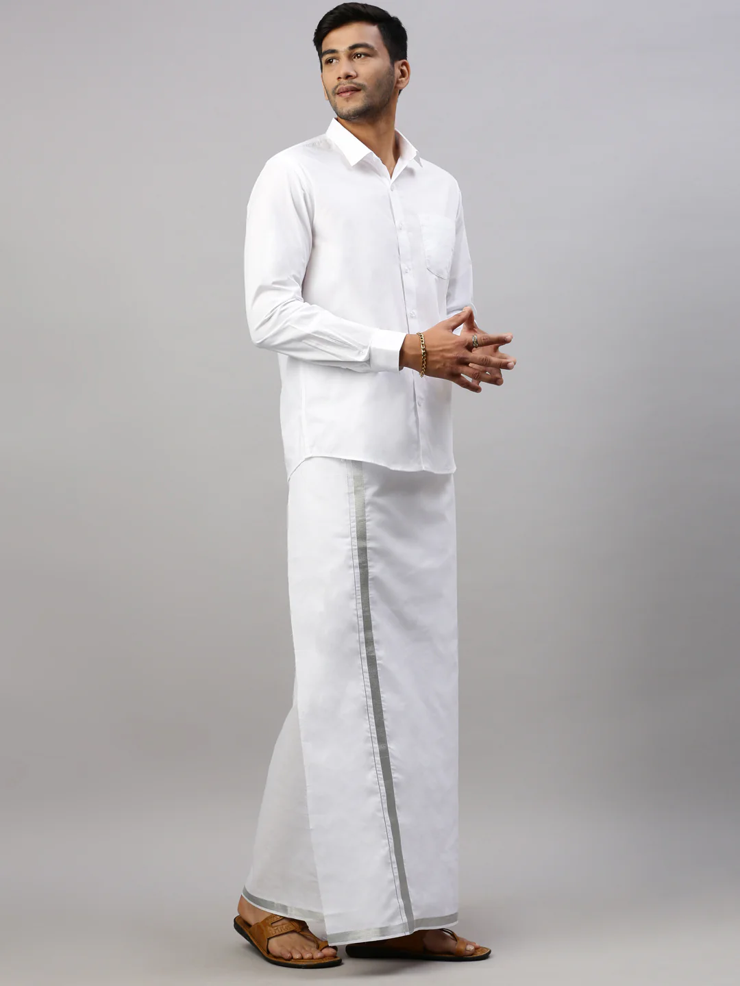 Men 100% Cotton Double Layer White Dhoti with 3/4" Silver Jari Border Star Fine - Image 2