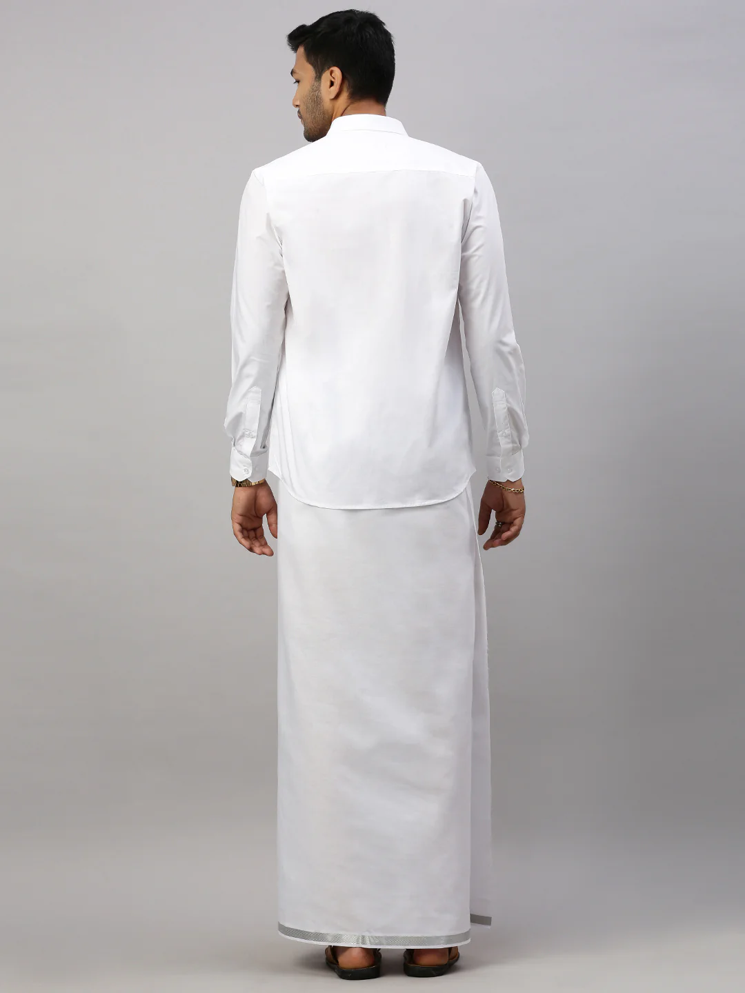 Men 100% Cotton Double Layer White Dhoti with 3/4" Silver Jari Border Star Fine - Image 3