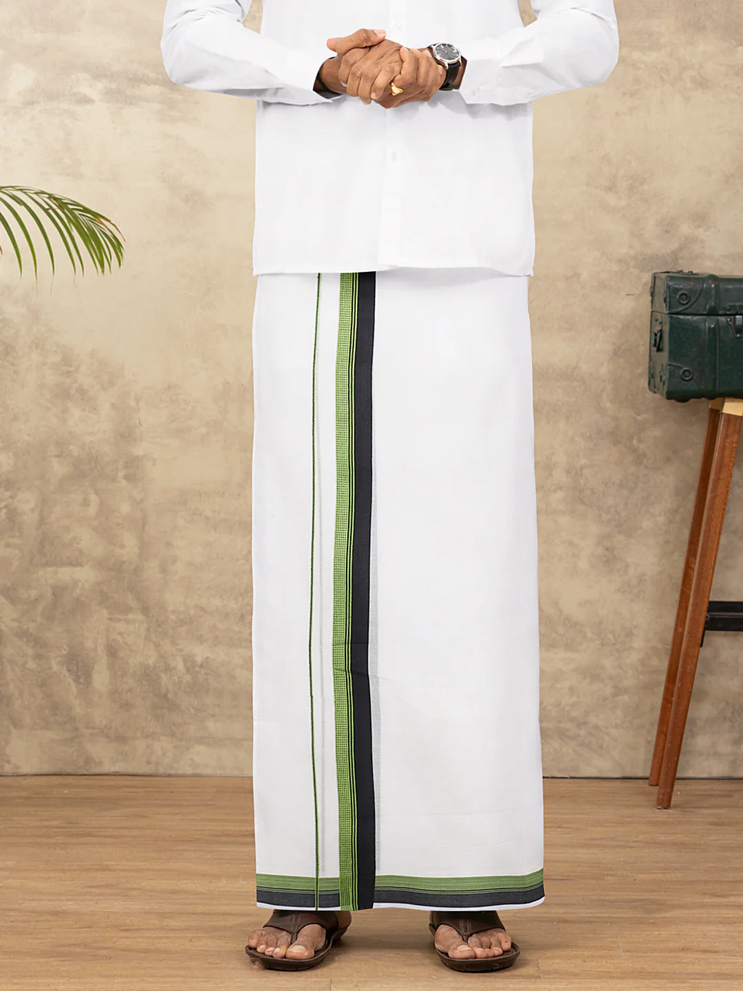 Men 100% Cotton Double Layer White Dhoti with Fancy Border EF05 - Image 2