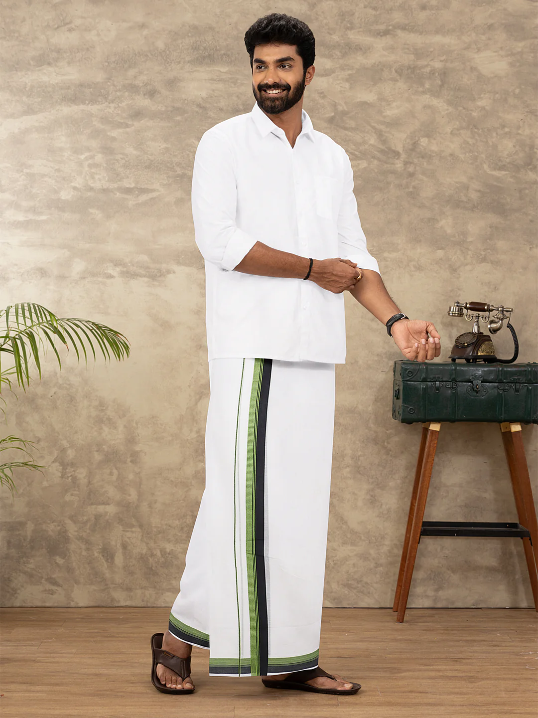 Men 100% Cotton Double Layer White Dhoti with Fancy Border EF05 - Image 5
