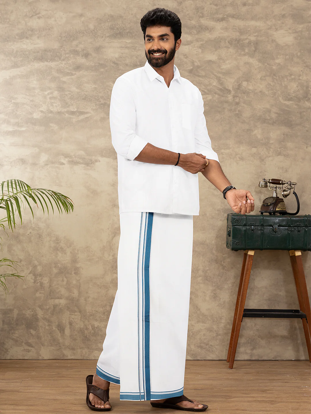Men 100% Cotton Double Layer White Dhoti with Fancy Border EF08 - Image 5
