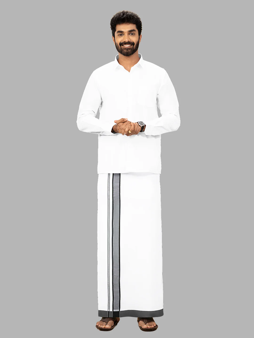 Men 100% Cotton Double Layer White Dhoti with Fancy Border RPN01 - Image 2