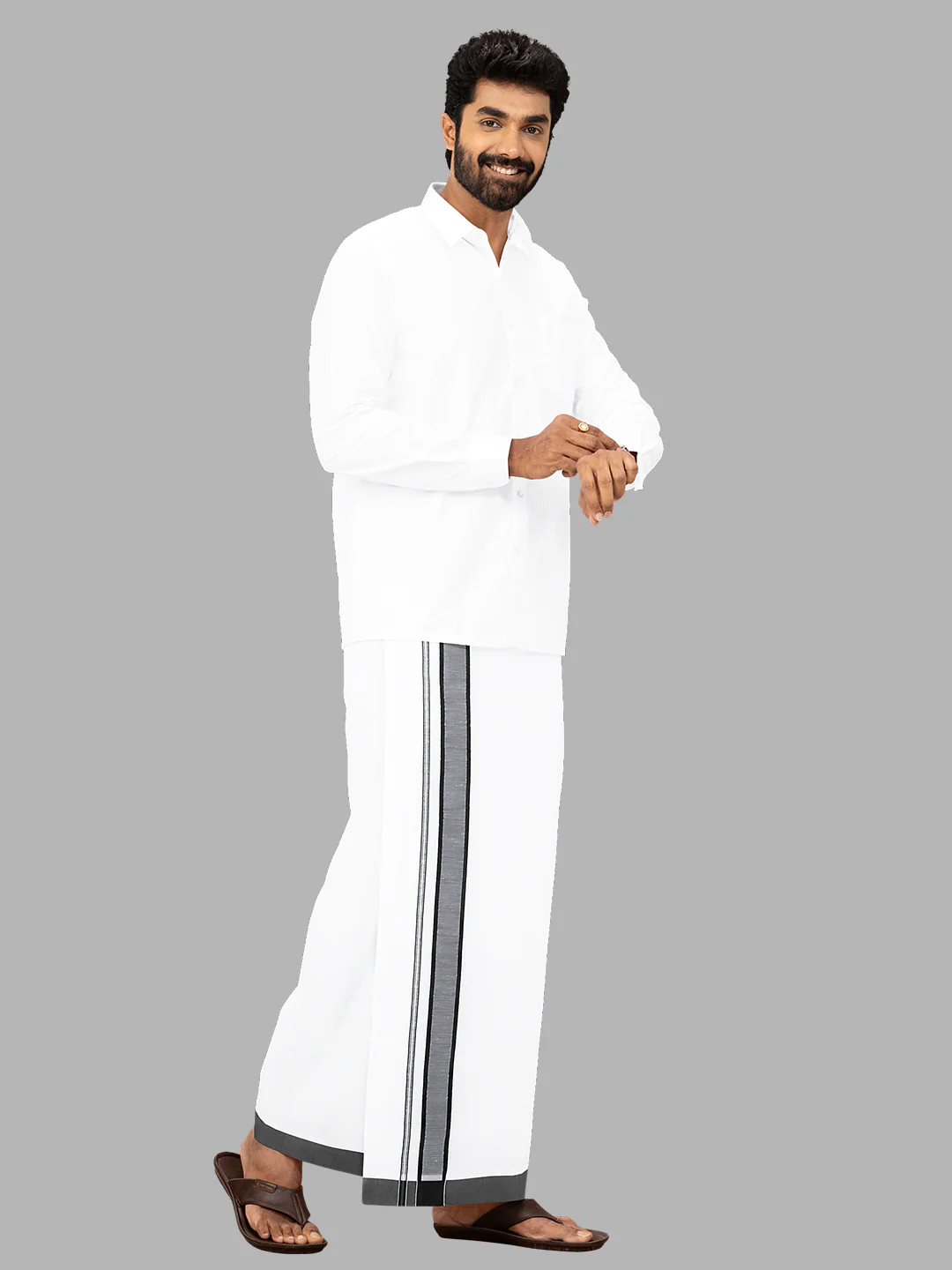 Men 100% Cotton Double Layer White Dhoti with Fancy Border RPN01 - Image 5