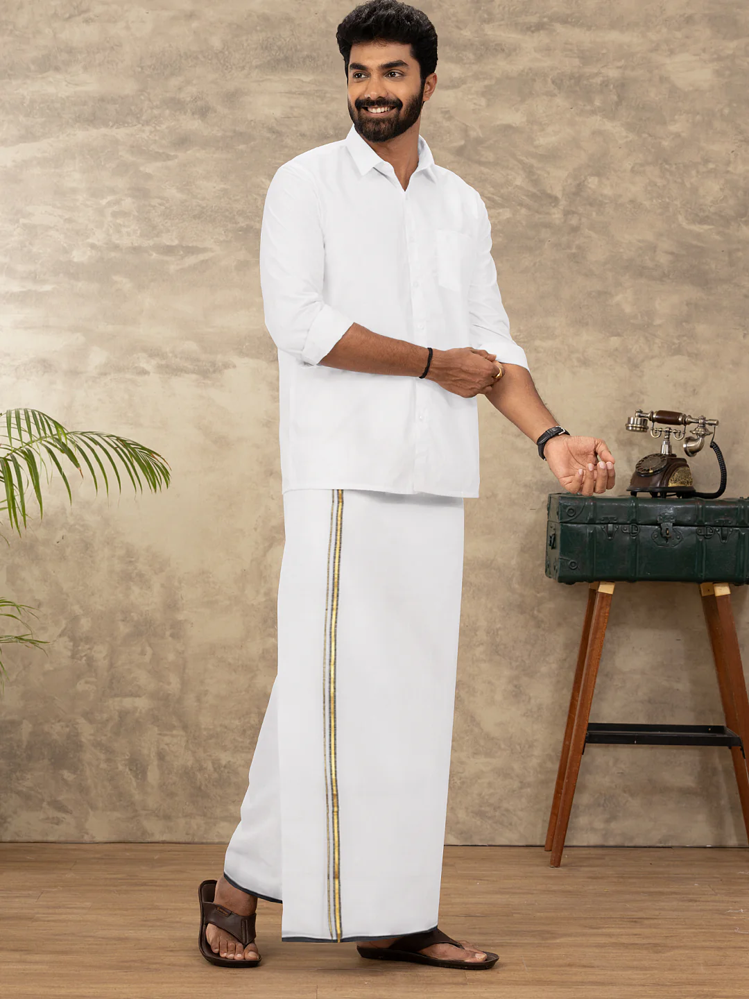 Men 100% Cotton Double Layer White Dhoti with Fancy Jari Border BJ01 - Image 5