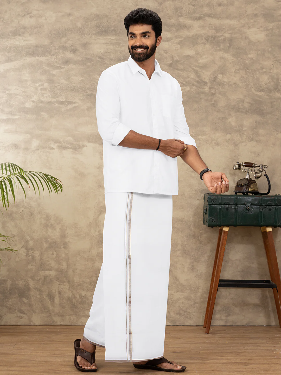 Men 100% Cotton Double Layer White Dhoti with Fancy Jari Border BJ02 - Image 5
