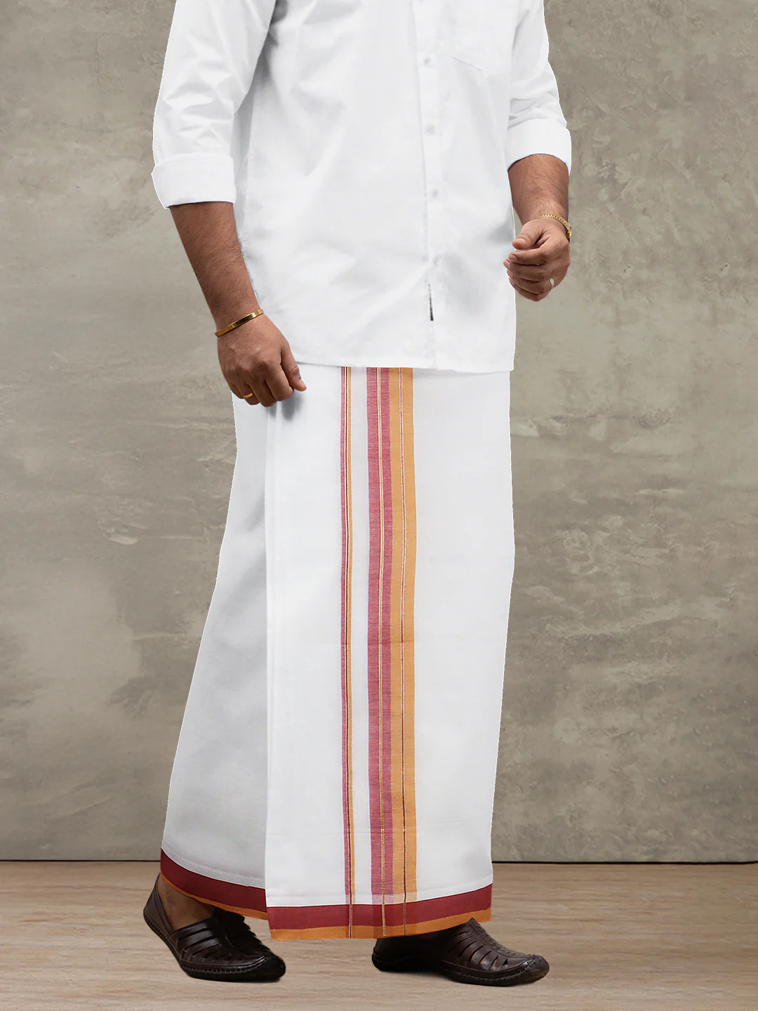 Men 100% Cotton Double Layer White Dhoti with Fancy Jari Border EJF10