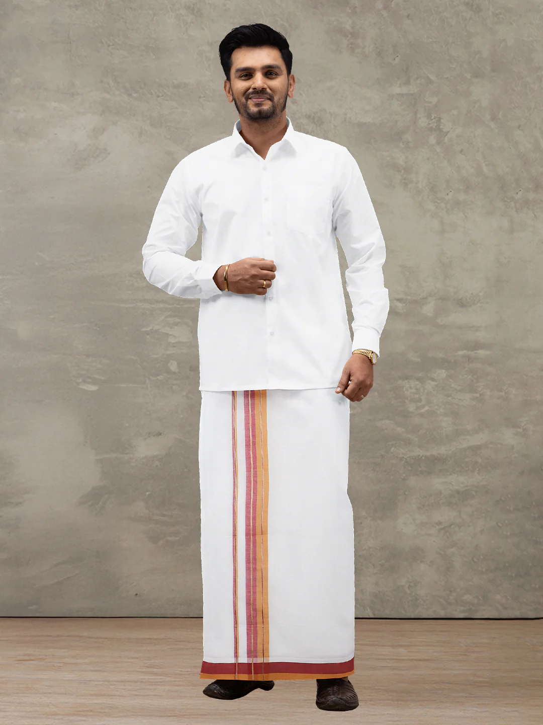 Men 100% Cotton Double Layer White Dhoti with Fancy Jari Border EJF10 - Image 2