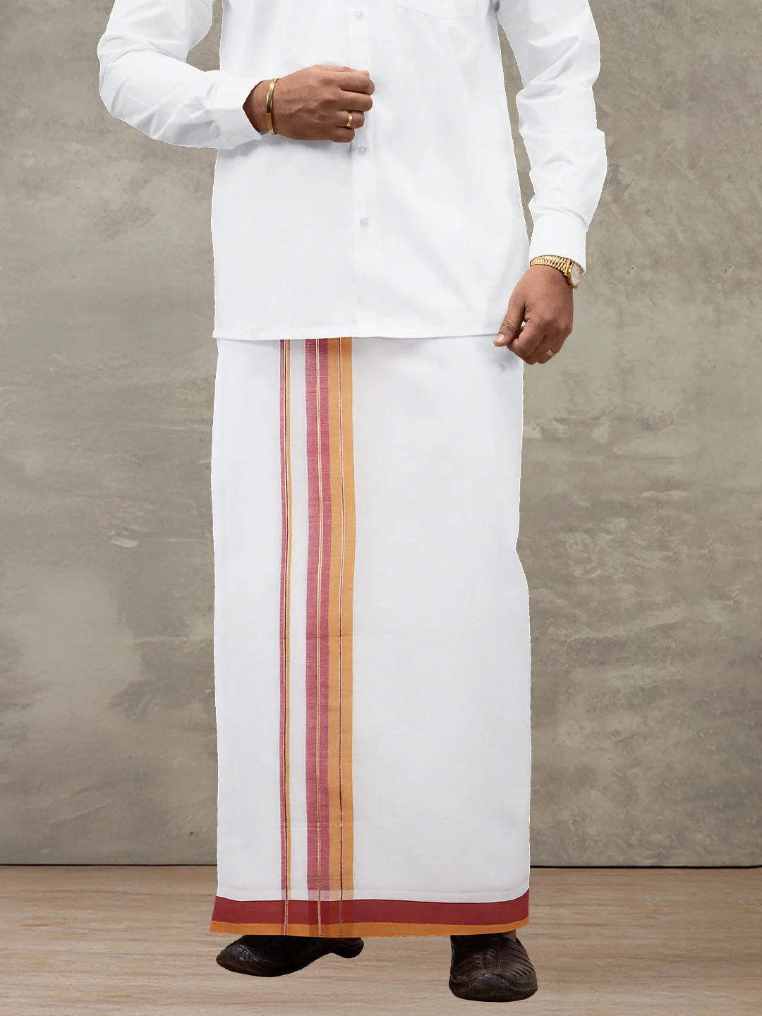 Men 100% Cotton Double Layer White Dhoti with Fancy Jari Border EJF10 - Image 3