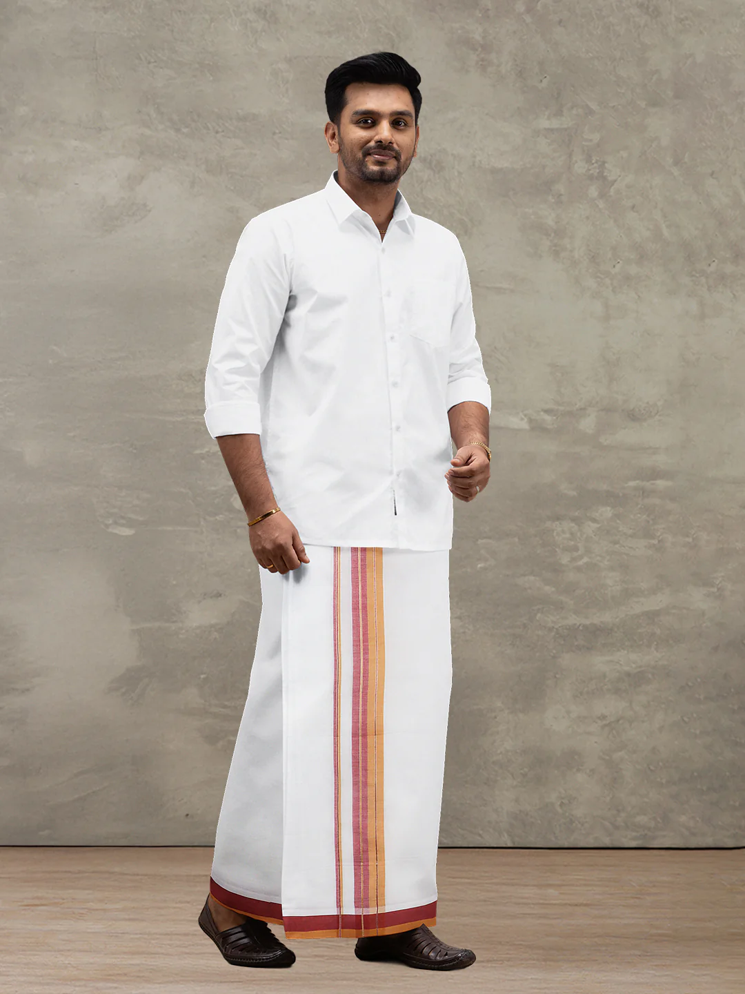 Men 100% Cotton Double Layer White Dhoti with Fancy Jari Border EJF10 - Image 5
