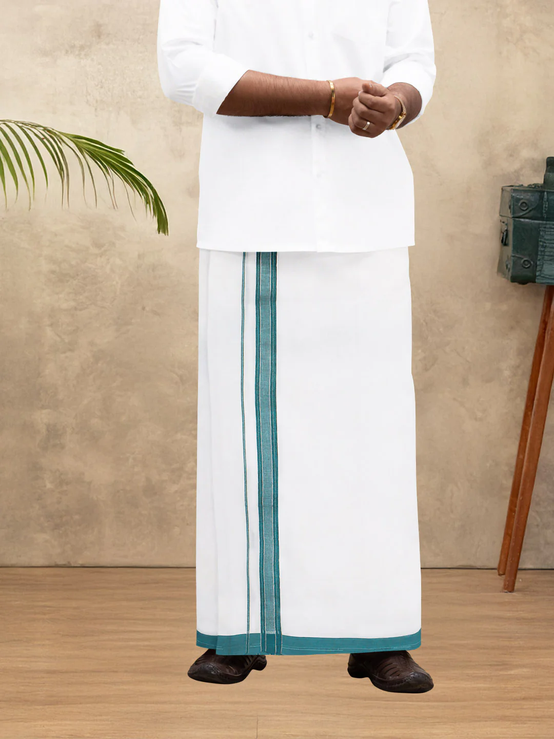 Men 100% Cotton Double Layer White Dhoti with Fancy Jari Border EJF14