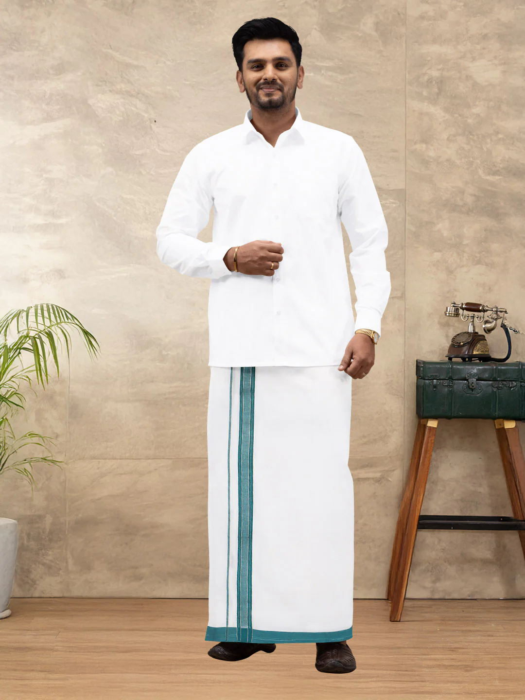 Men 100% Cotton Double Layer White Dhoti with Fancy Jari Border EJF14 - Image 2