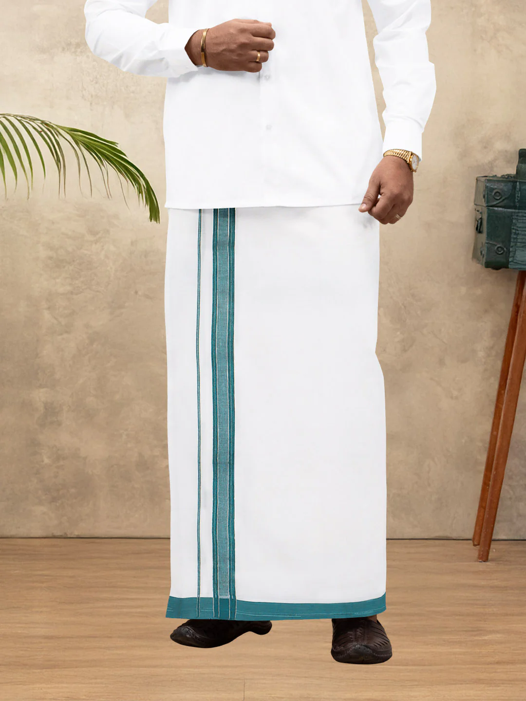 Men 100% Cotton Double Layer White Dhoti with Fancy Jari Border EJF14 - Image 4
