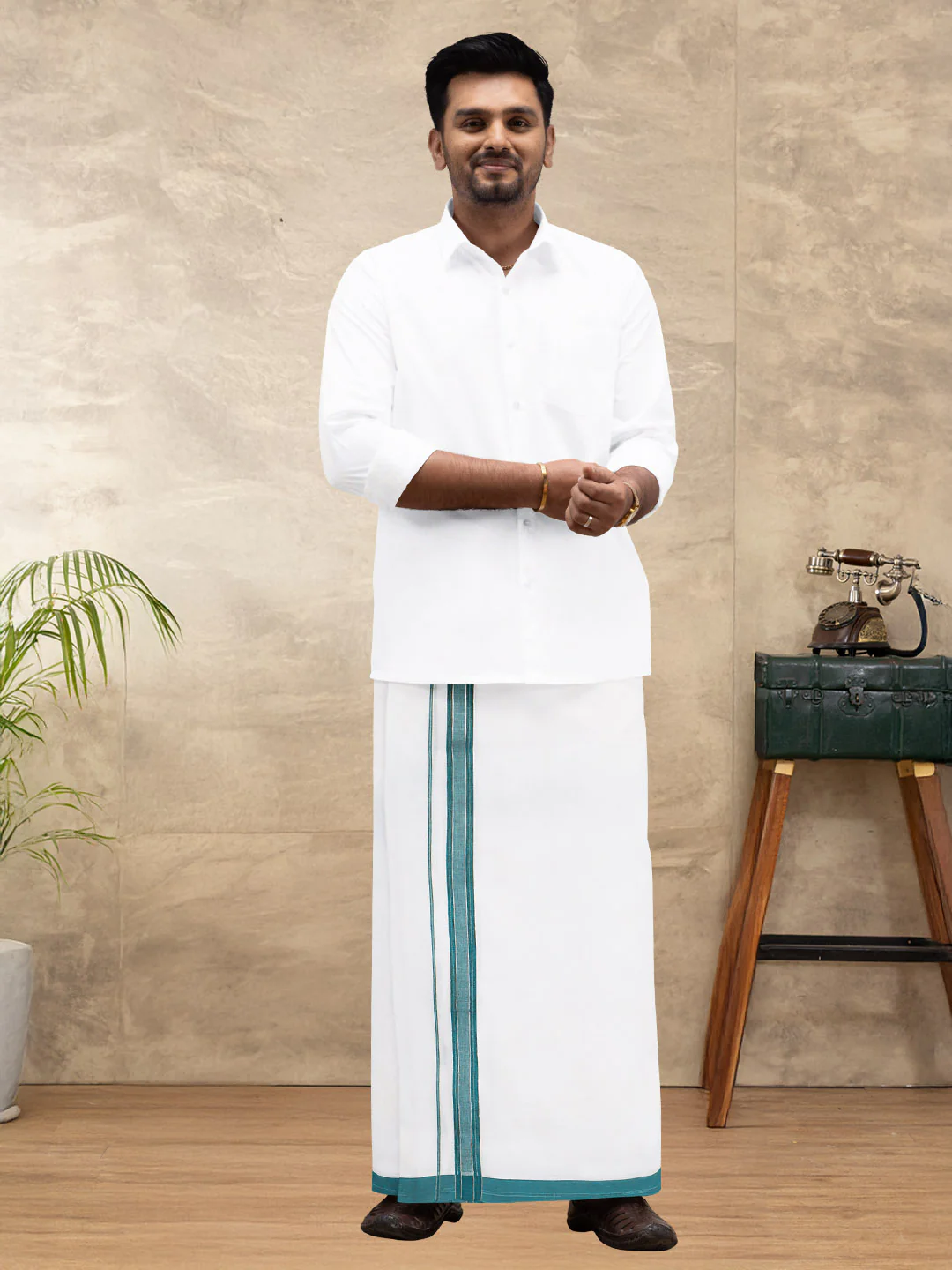 Men 100% Cotton Double Layer White Dhoti with Fancy Jari Border EJF14 - Image 5