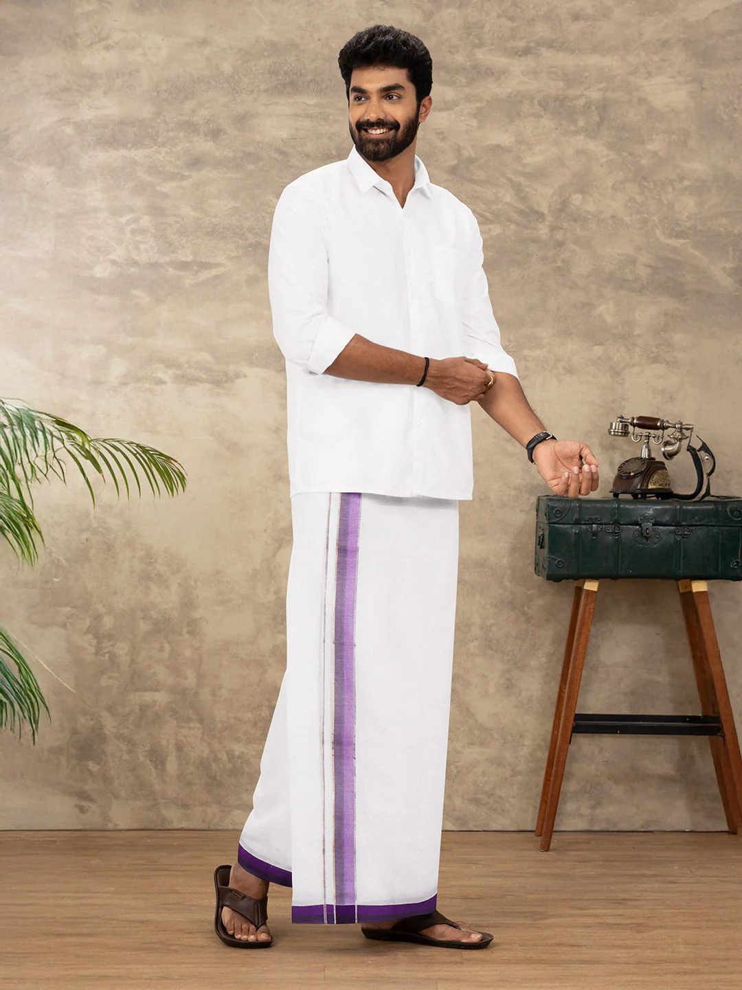 Men 100% Cotton Double Layer White Dhoti with Fancy Jari Border EJF15 - Image 2