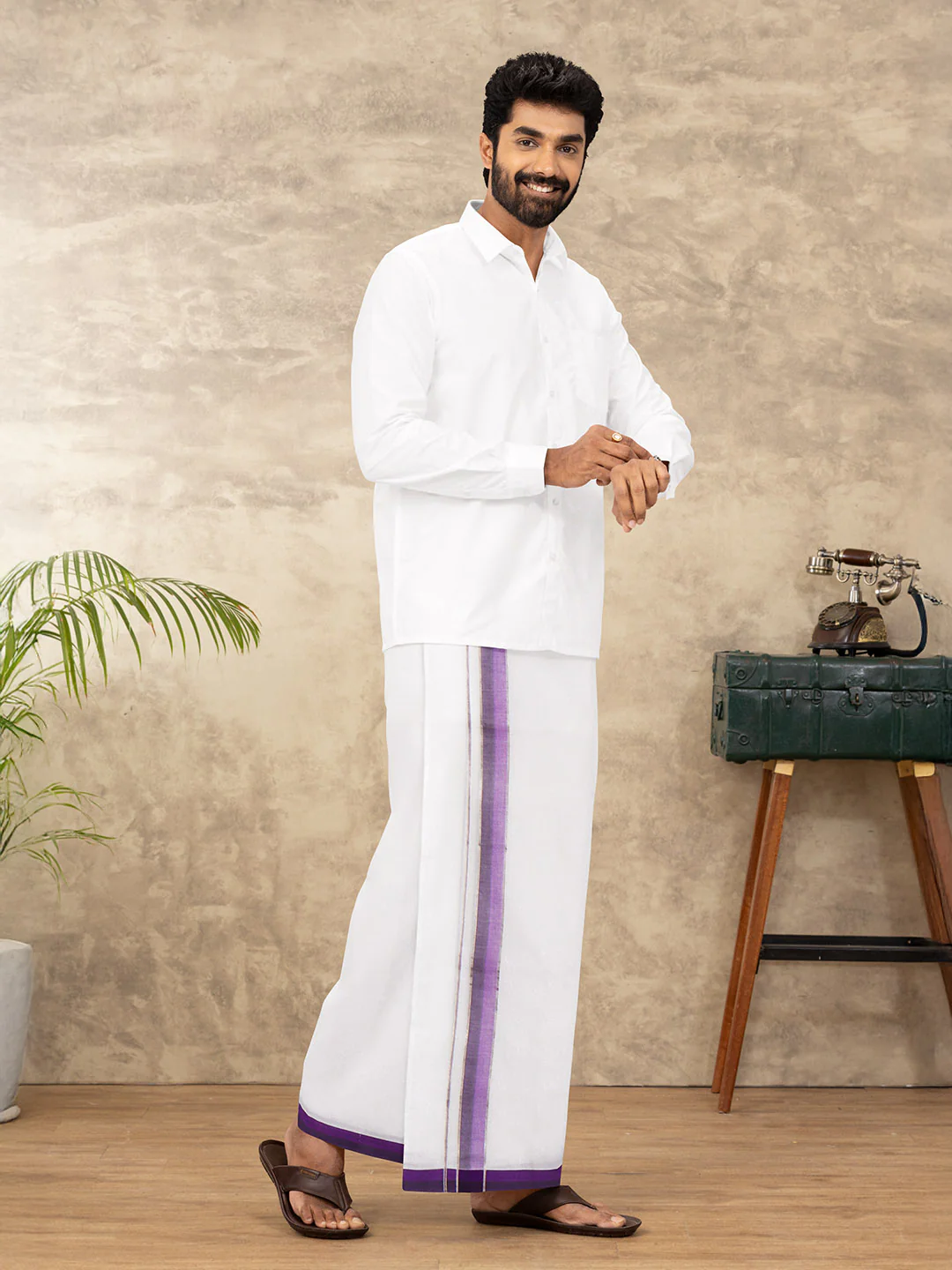 Men 100% Cotton Double Layer White Dhoti with Fancy Jari Border EJF15 - Image 4