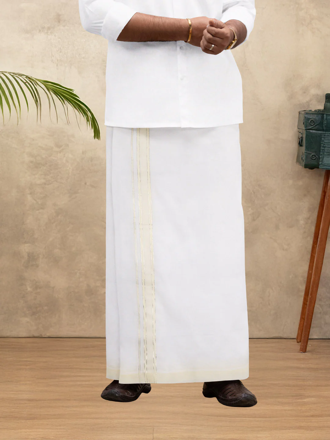 Men 100% Cotton Double Layer White Dhoti with Fancy Jari Border EJF16 - Image 4