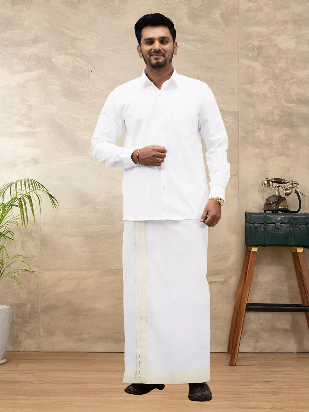 Men 100% Cotton Double Layer White Dhoti with Fancy Jari Border EJF16 - Image 5