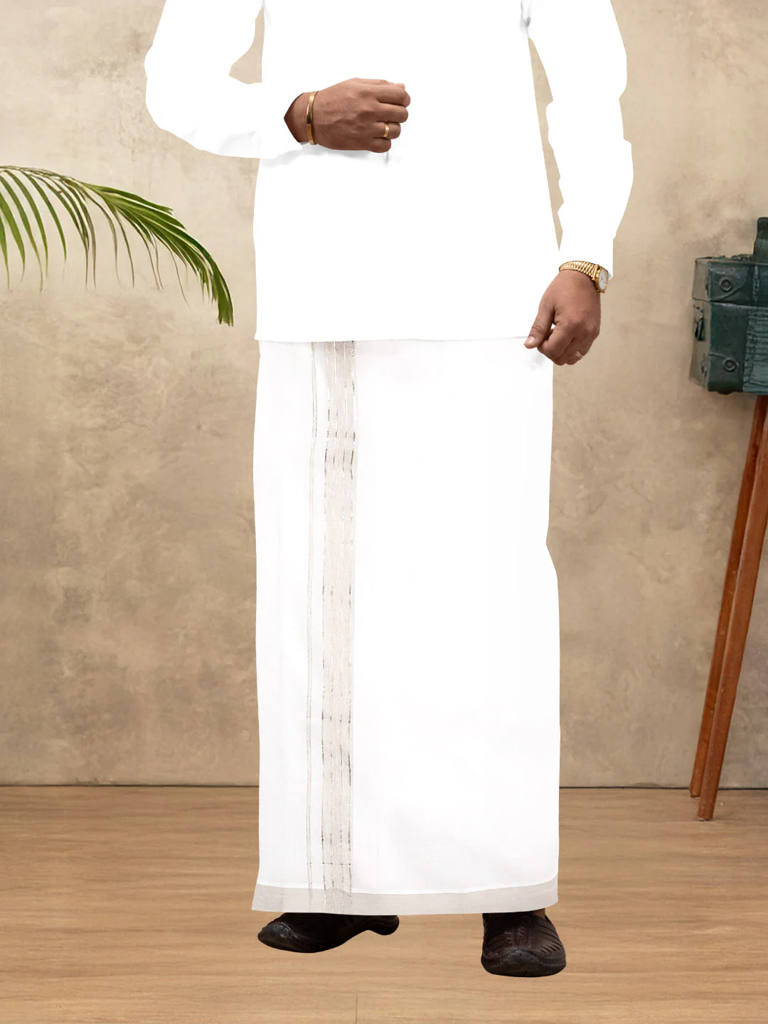 Men 100% Cotton Double Layer White Dhoti with Fancy Jari Border EJF19