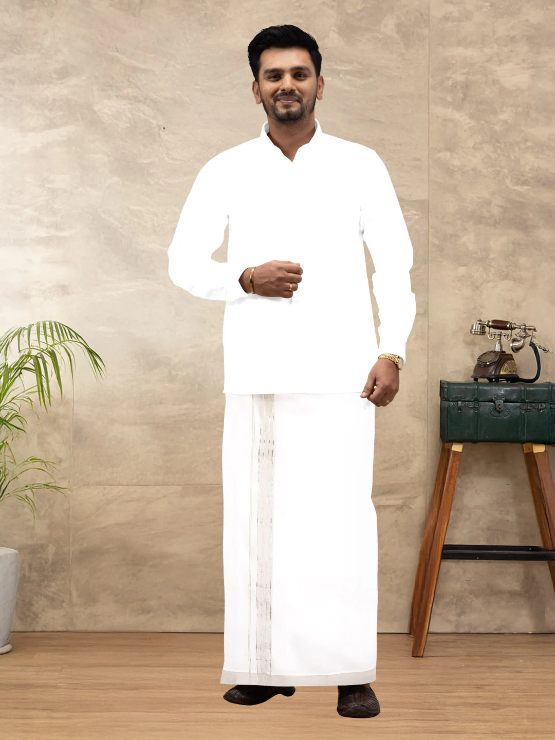 Men 100% Cotton Double Layer White Dhoti with Fancy Jari Border EJF19 - Image 4