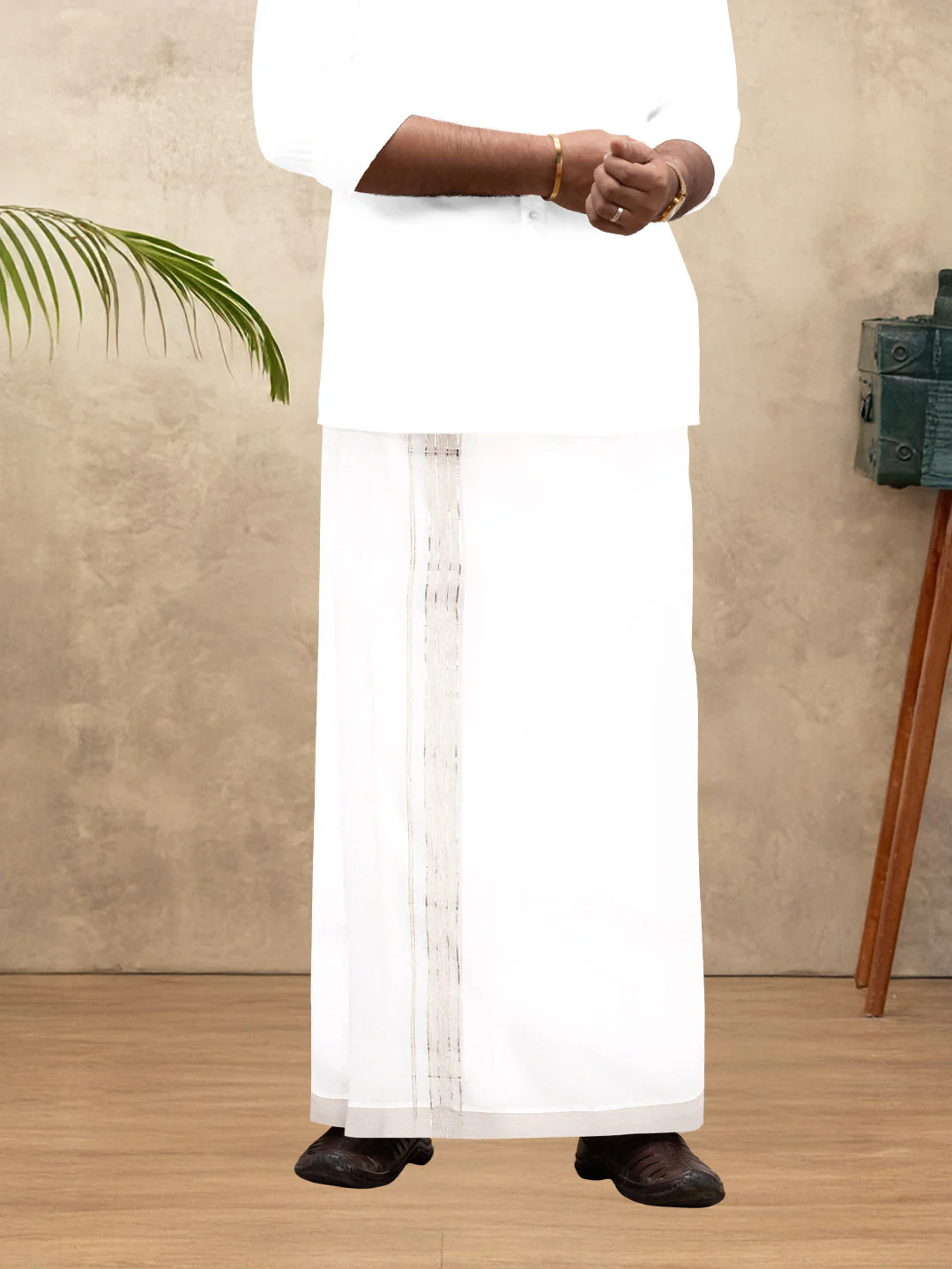 Men 100% Cotton Double Layer White Dhoti with Fancy Jari Border EJF19 - Image 5