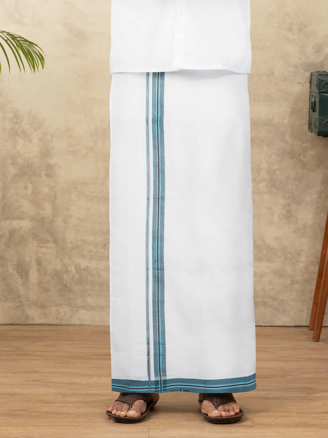 Men 100% Cotton Double Layer White Dhoti with Fancy Jari Border EJF20