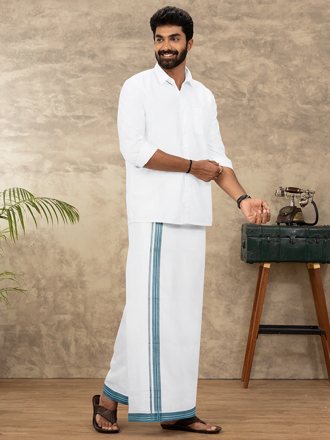 Men 100% Cotton Double Layer White Dhoti with Fancy Jari Border EJF20 - Image 5