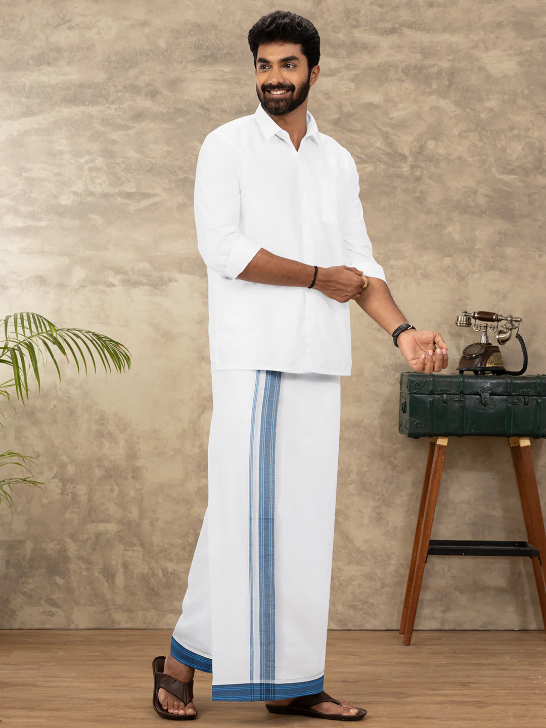 Men 100% Cotton Double Layer White Dhoti with Fancy Jari Border EJF21 - Image 5