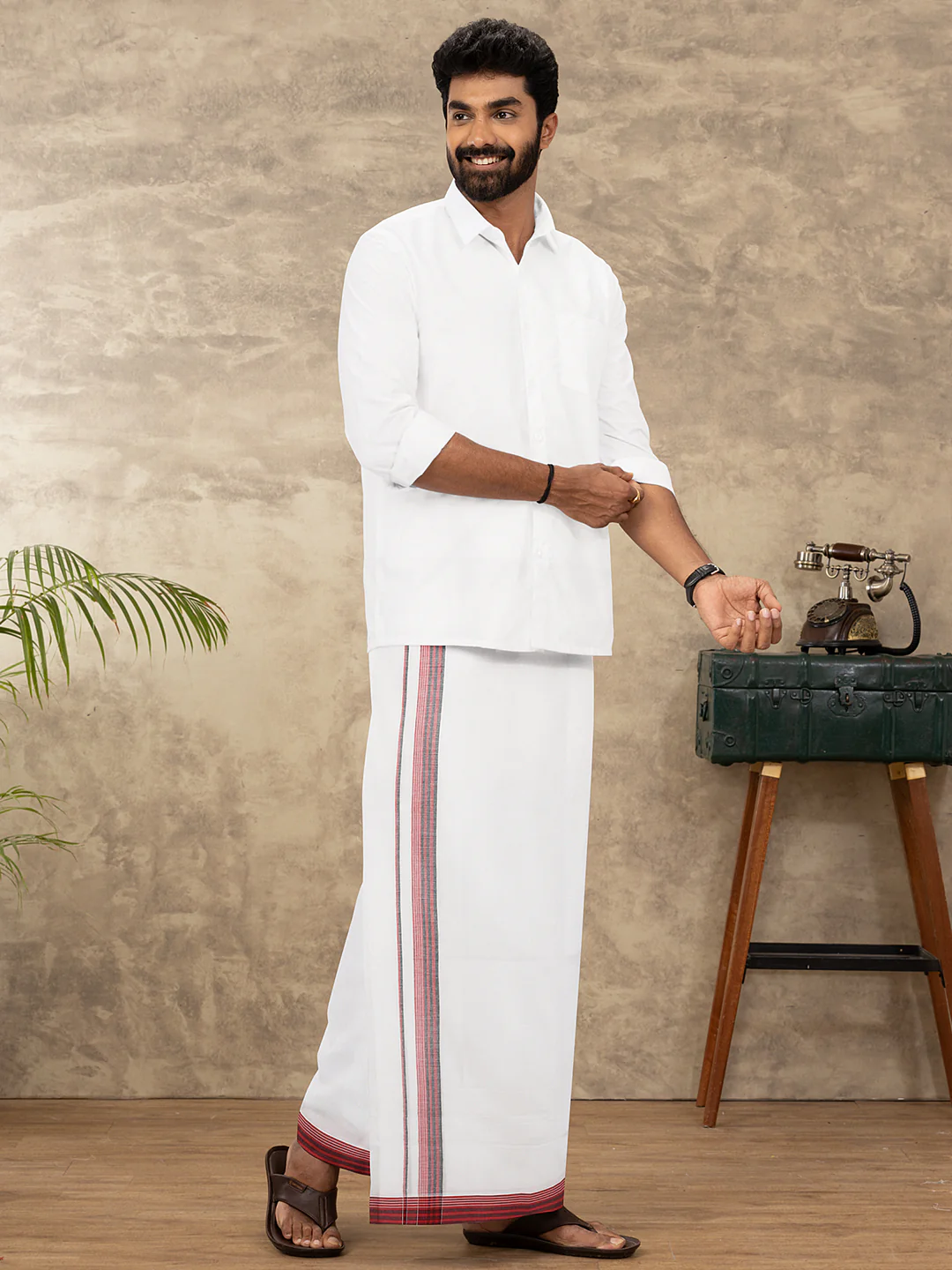 Men 100% Cotton Double Layer White Dhoti with Fancy Jari Border EJF22 - Image 5