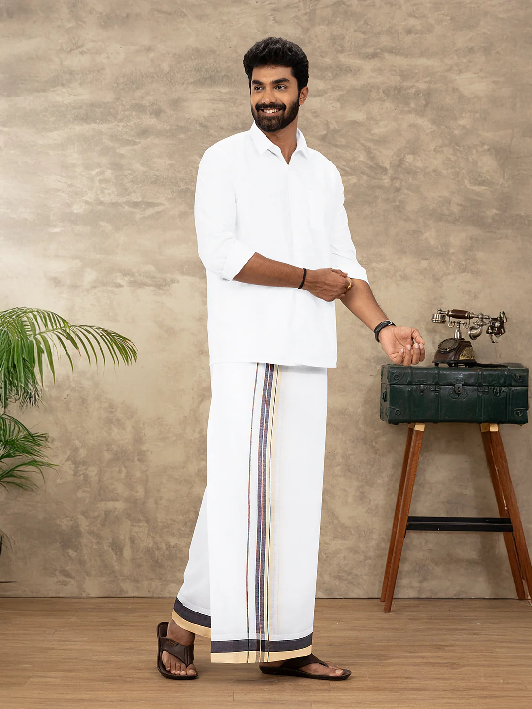 Men 100% Cotton Double Layer White Dhoti with Fancy Jari Border EJF6 - Image 2