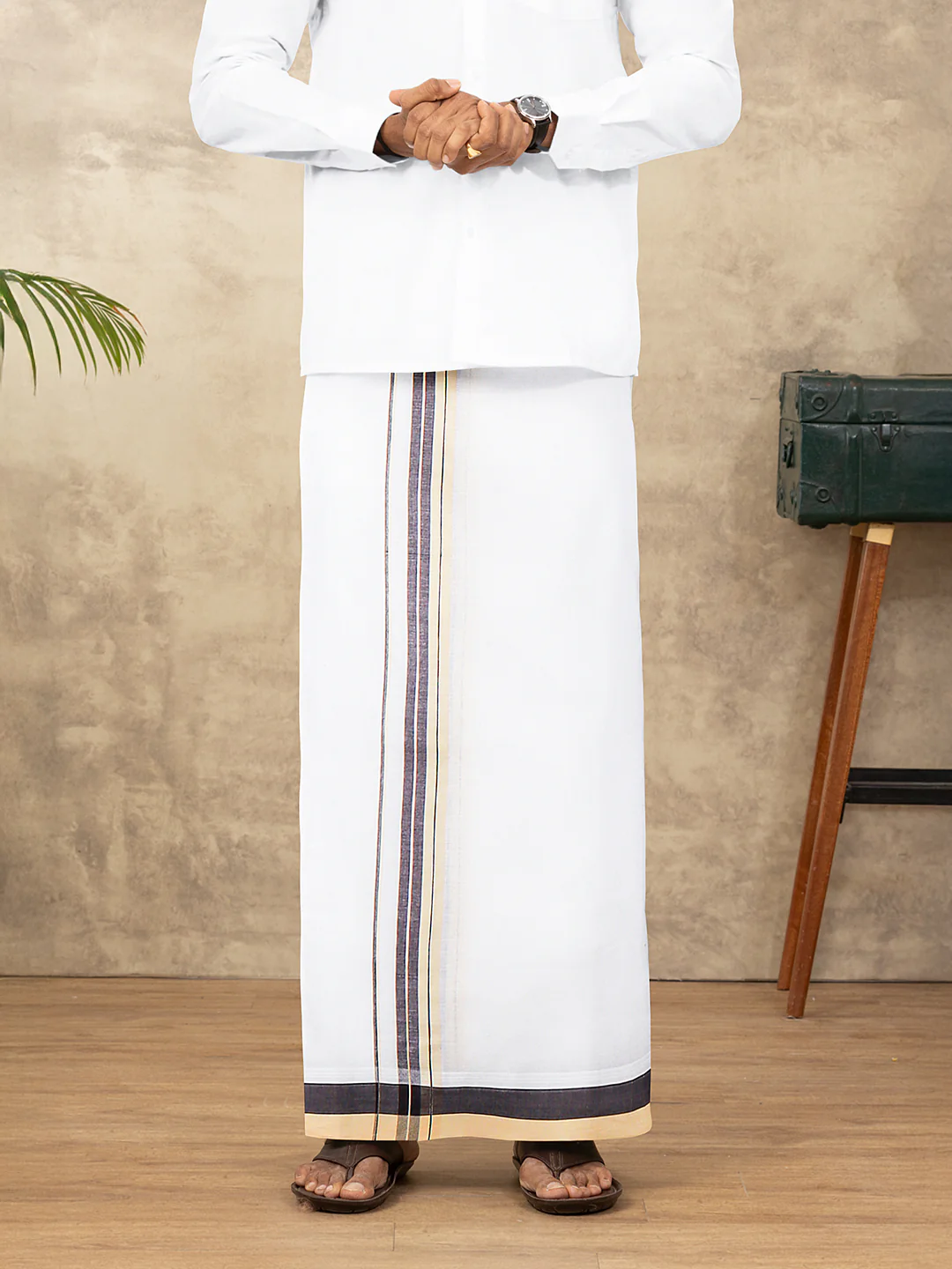 Men 100% Cotton Double Layer White Dhoti with Fancy Jari Border EJF6 - Image 3
