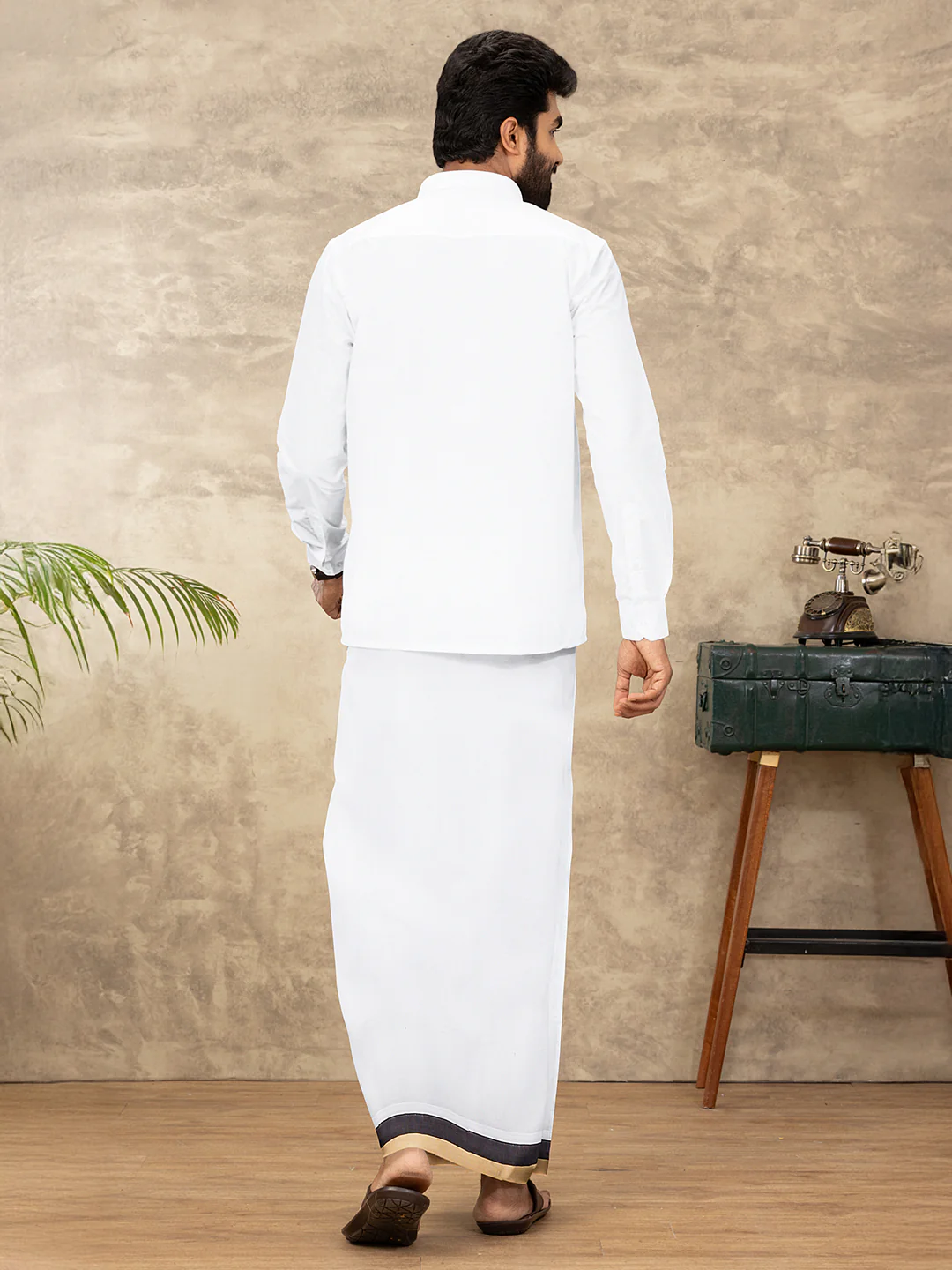 Men 100% Cotton Double Layer White Dhoti with Fancy Jari Border EJF6 - Image 4
