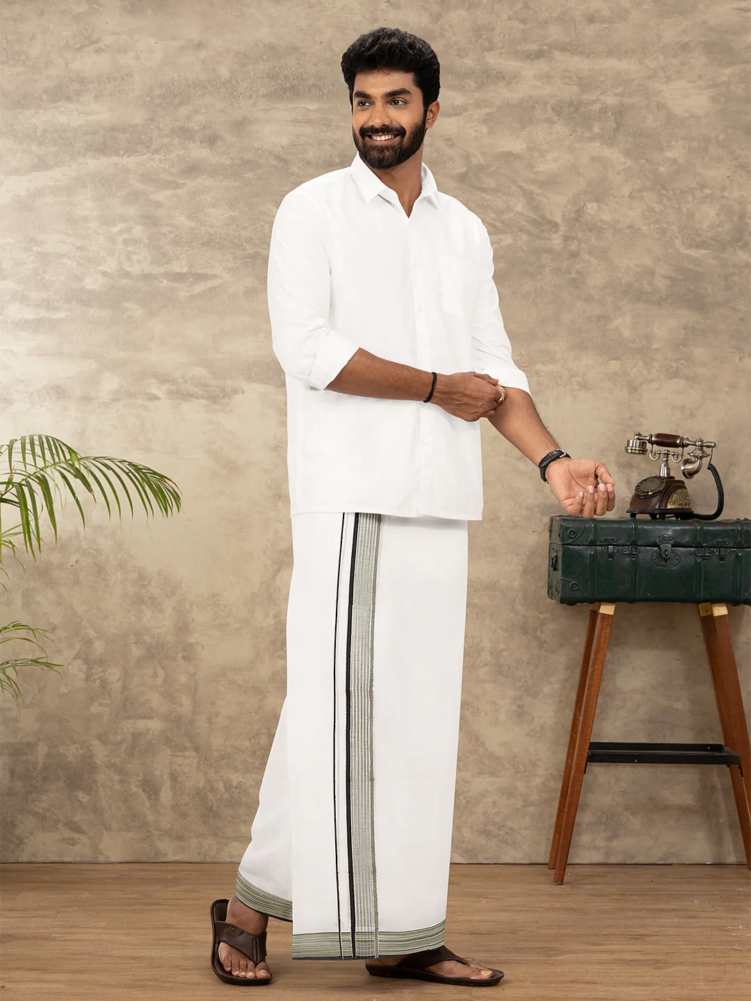Men 100% Cotton Double Layer White Dhoti with Fancy Jari Border MJF02 - Image 5