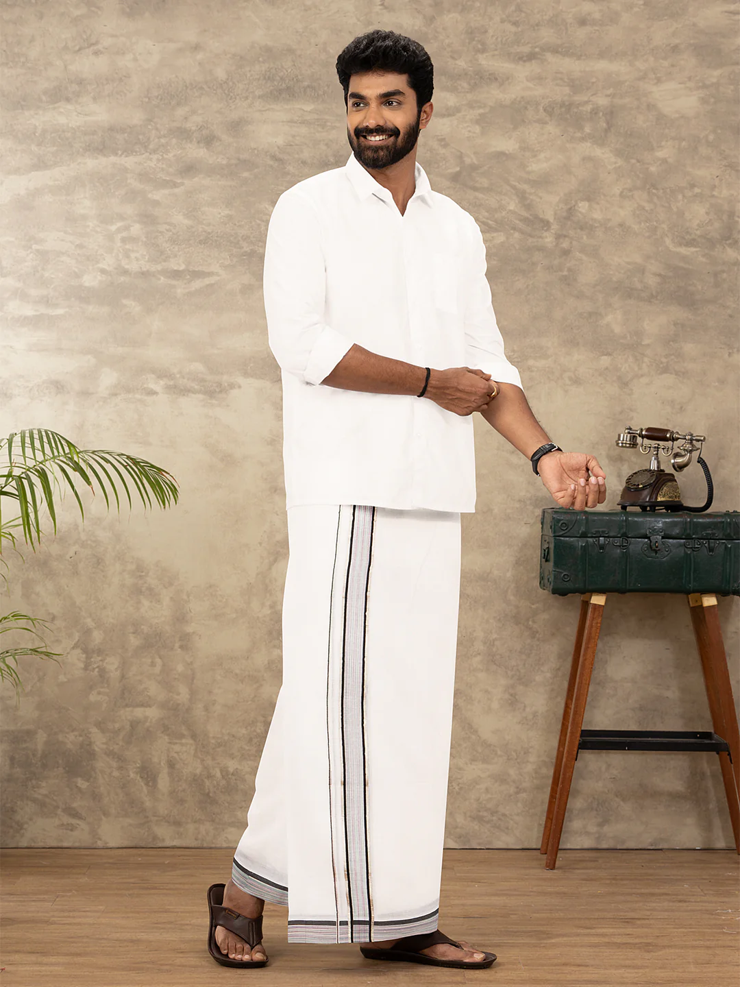 Men 100% Cotton Double Layer White Dhoti with Fancy Jari Border MJF03 - Image 5