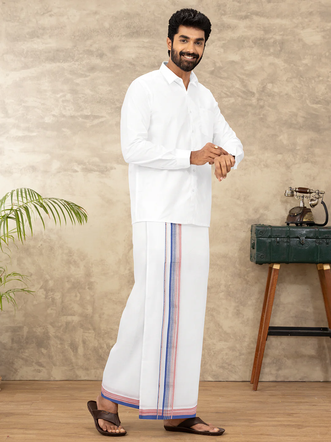 Men 100% Cotton Double Layer White Dhoti with Fancy Jari Border MJF04 - Image 5