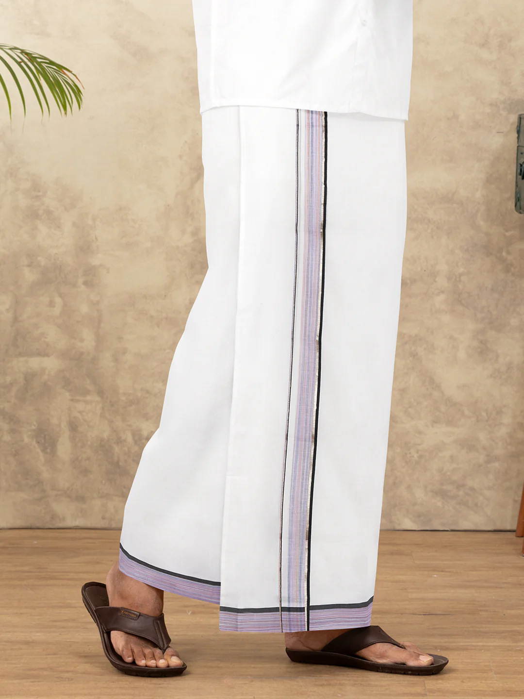 Men 100% Cotton Double Layer White Dhoti with Fancy Jari Border MJF06 - Image 2