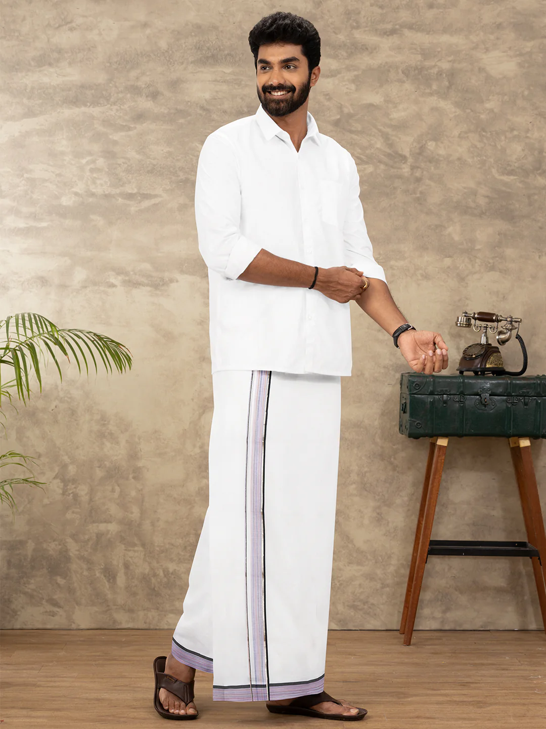 Men 100% Cotton Double Layer White Dhoti with Fancy Jari Border MJF06 - Image 5